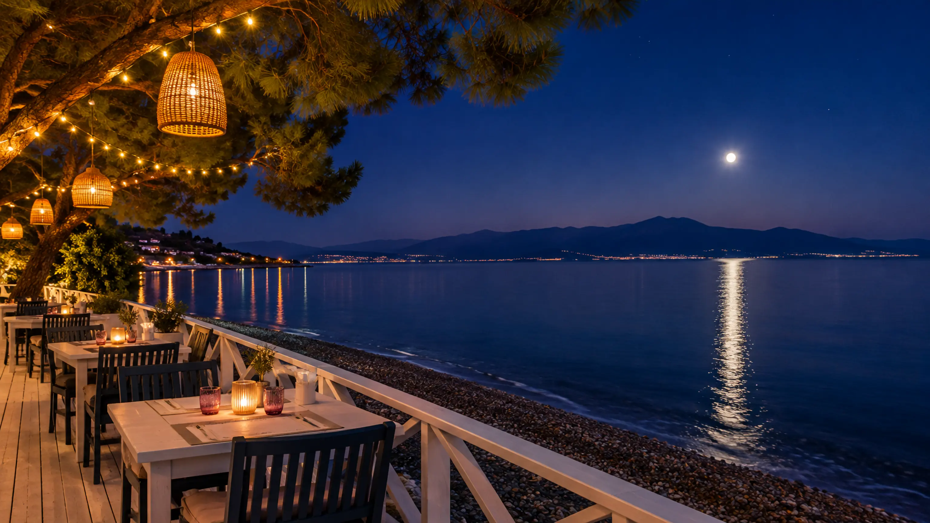 Η βεράντα της Στίλβης δίπλα στο κύμα το βράδυ, με φανάρια στα πεύκα και το φεγγάρι πάνω από την Εύβοια